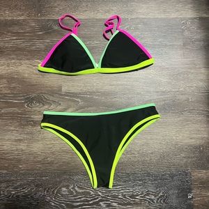 ROMWE Neon Contrast Binding Triangle Bikini Swimsuit
